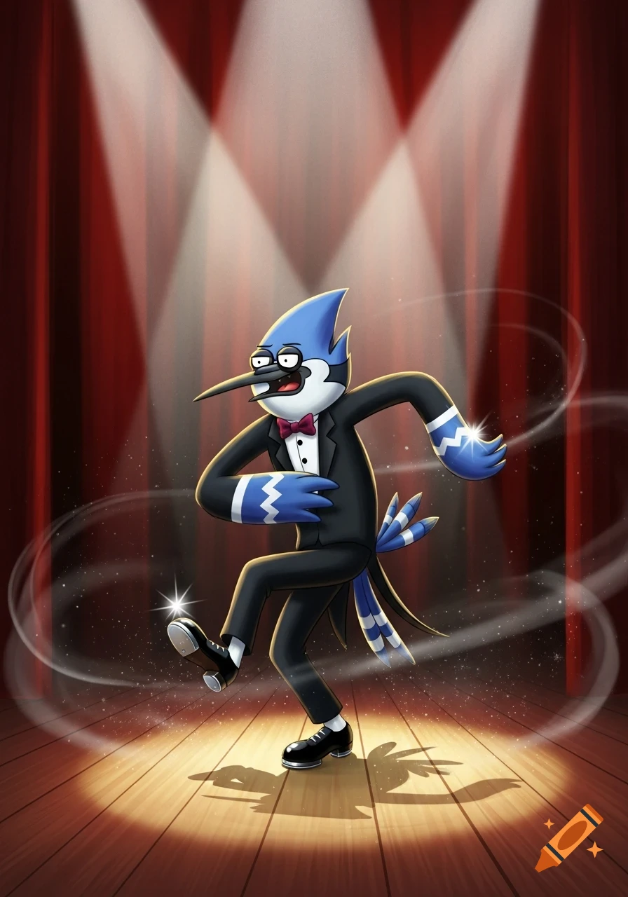 Mordecai from Regular Show tap dancing on a spotlighted stage in a tuxedo.