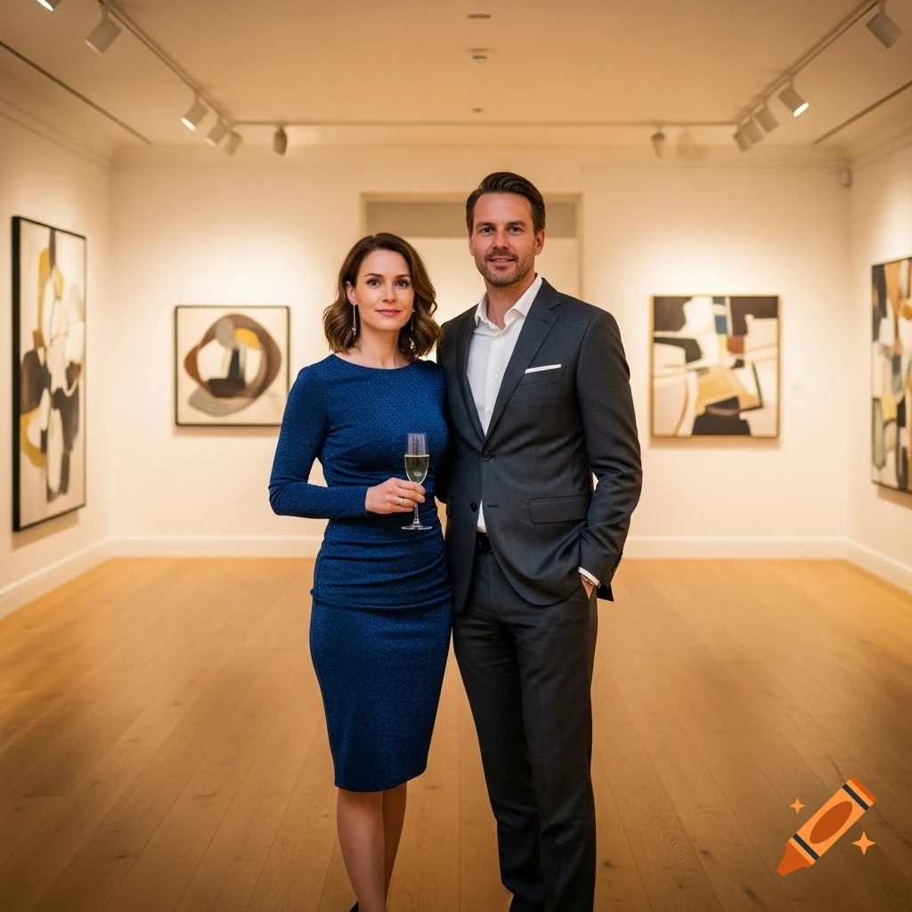 A formally dressed couple stands in an art gallery, the woman holding a champagne glass.