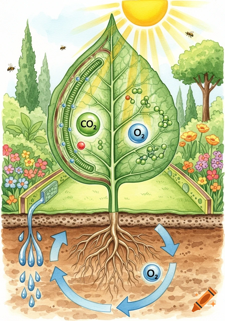 Watercolor illustration of a plant's photosynthesis and water cycle, showing a cross-section of a leaf, roots, sun, water, CO2, and O2.