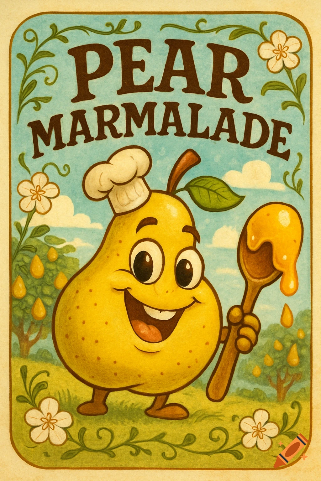 A vintage-style label features a cheerful cartoon pear wearing a chef's hat and holding a spoonful of golden marmalade, with text reading "PEAR MARMALADE".