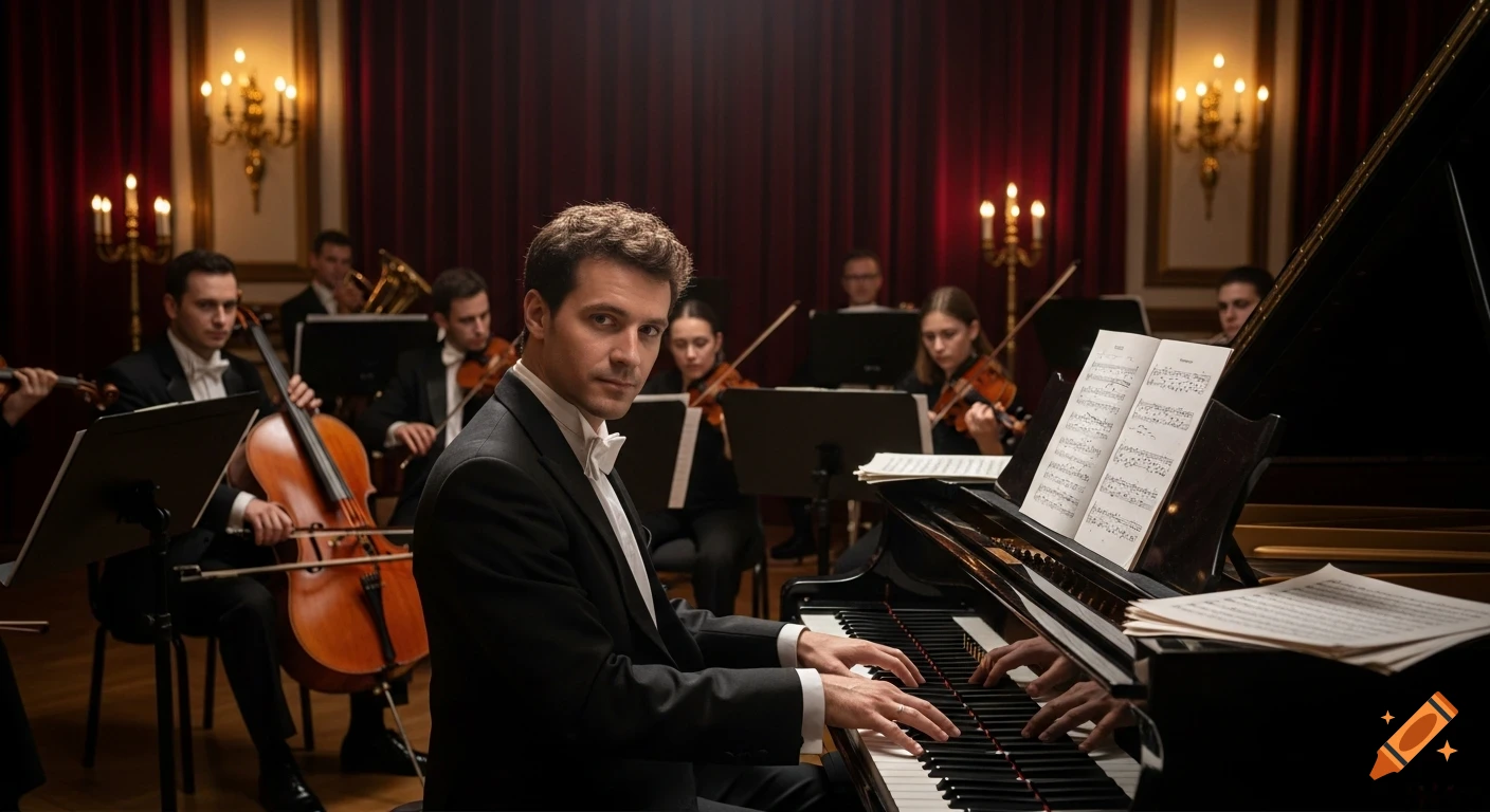 A man in a tuxedo plays a grand piano in an ornate hall, surrounded by an orchestra with string and brass instruments, bathed in warm light.