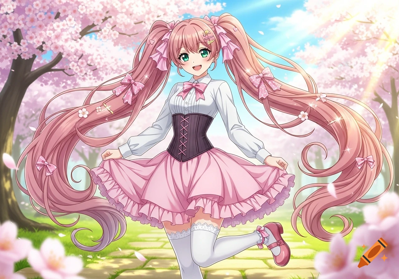 Anime girl with long pink pigtails, white shirt, pink corset, and frilly skirt, smiling under cherry blossom trees.