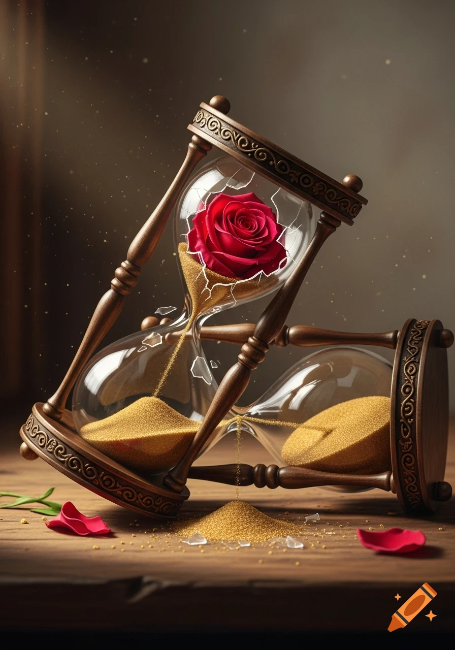 A broken hourglass with a red rose blooming from it, spilling sand and glass shards onto a wooden table, next to another hourglass.