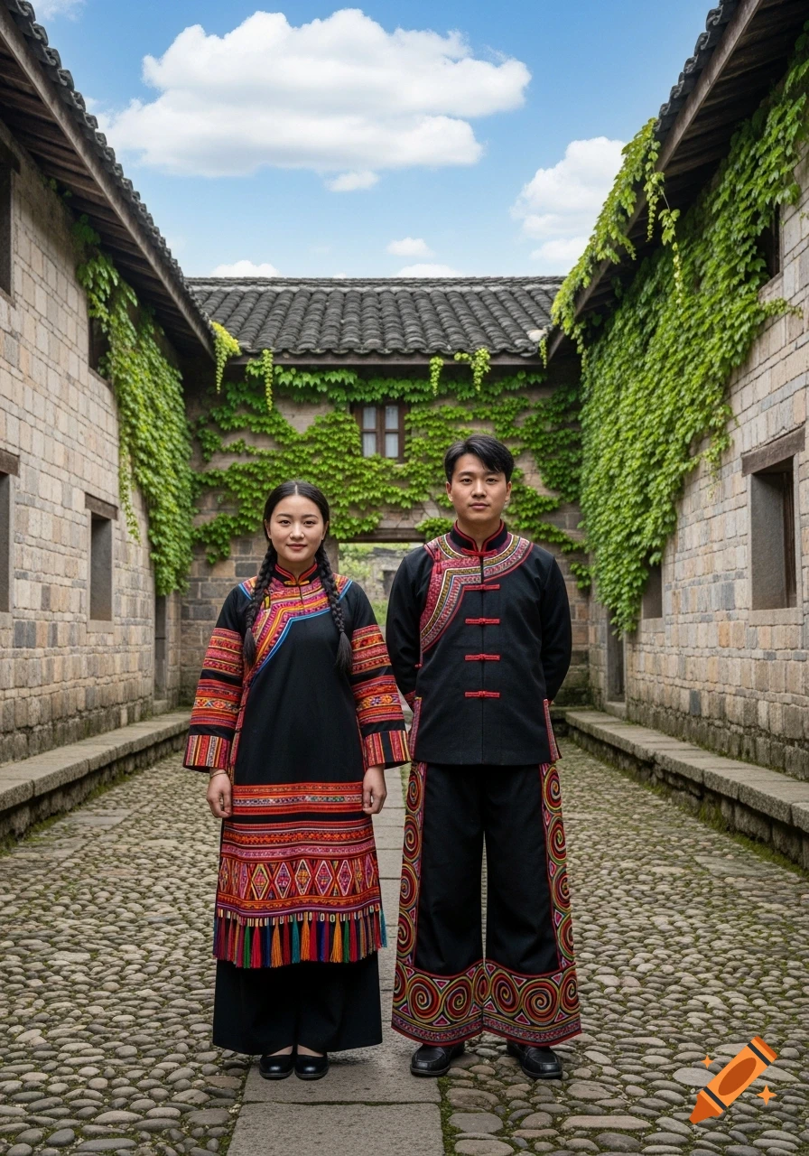 Two Yi people in traditional dark-toned clothing with colorful patterns, standing on a cobblestone path between old stone buildings covered in ivy.