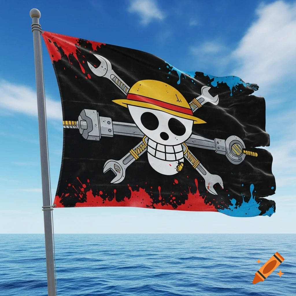 A One Piece-style black pirate flag with a straw-hatted skull and crossed wrenches flies over a blue ocean under a clear sky.