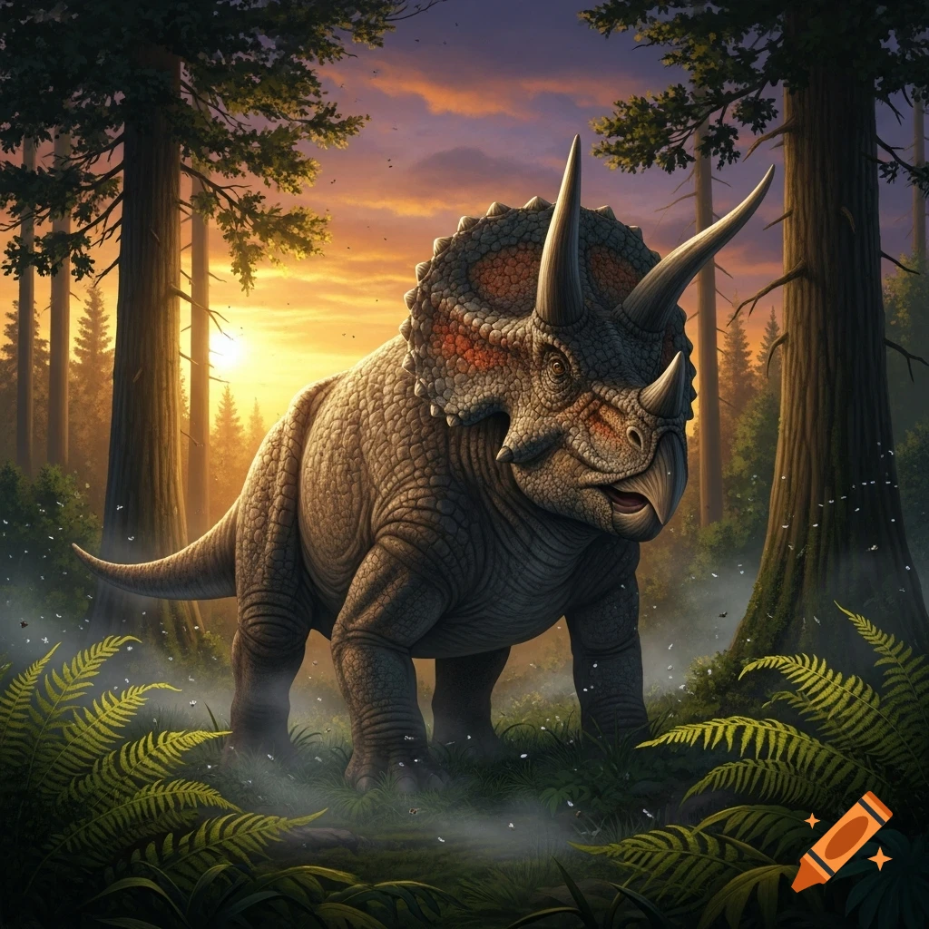 A large Triceratops stands amidst lush ferns in a forest, illuminated by a vibrant orange and purple sunset.
