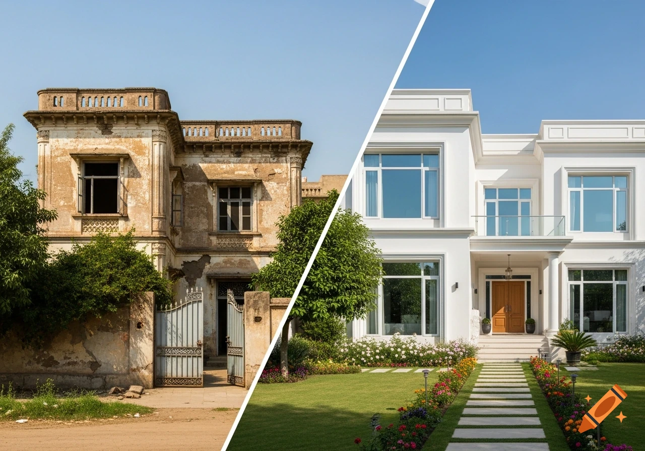 Split image of a dilapidated old house on the left and a modern renovated white house with a landscaped garden on the right.