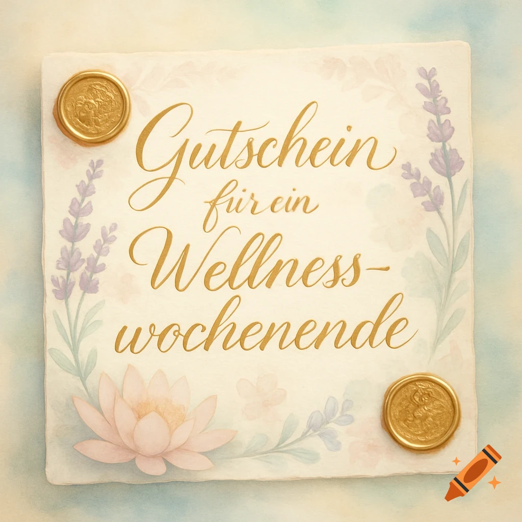 Watercolor gift certificate for a wellness weekend, decorated with lavender, a lotus flower, and two gold wax seals.