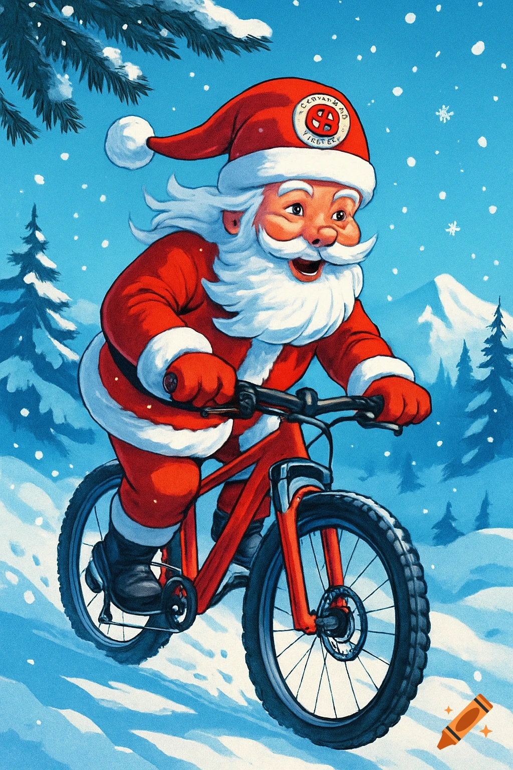 Cartoon illustration of Santa Claus riding a red mountain bike through a snowy winter landscape with pine trees and mountains.
