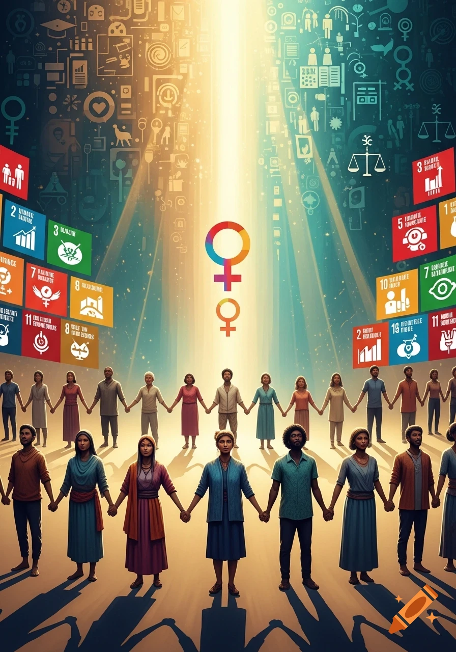 A diverse group of people holding hands, forming a semi-circle, with a glowing gender equality symbol above them. Various icons related to Sustainable Development Goals float in the background against a backdrop of light rays.