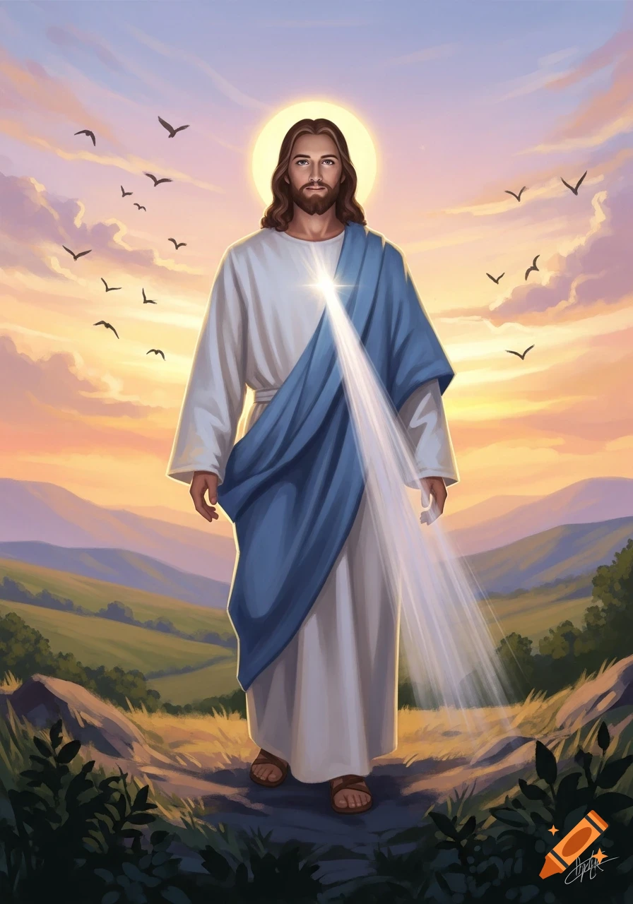 An illustrative depiction of Jesus Christ in flowing white and blue robes, standing on a grassy hill with a radiant halo and light emanating from his chest, under a vibrant sunset sky with birds flying.
