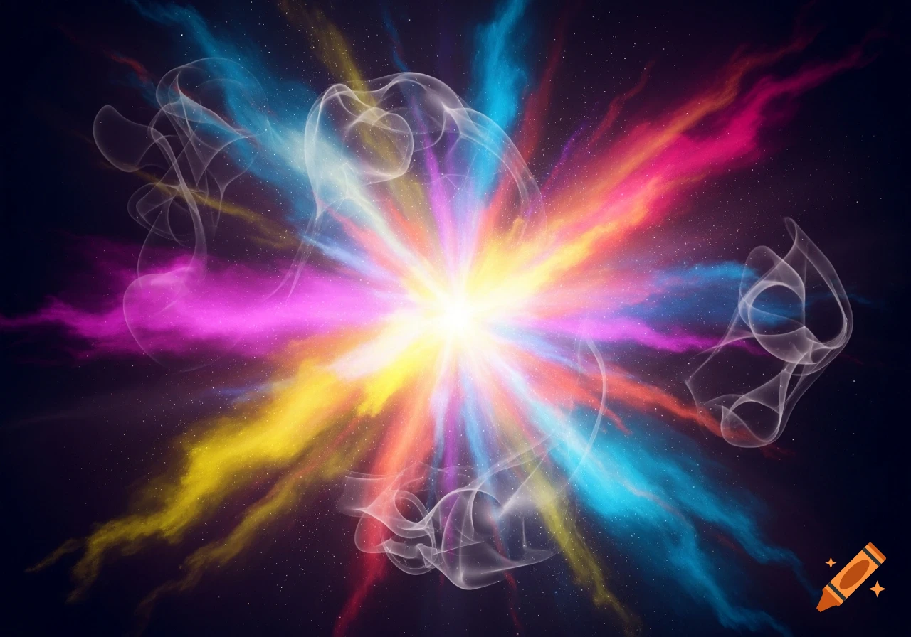 Vibrant abstract color explosion with a bright central light, spreading colorful smoke and wisps against a dark, starry background.