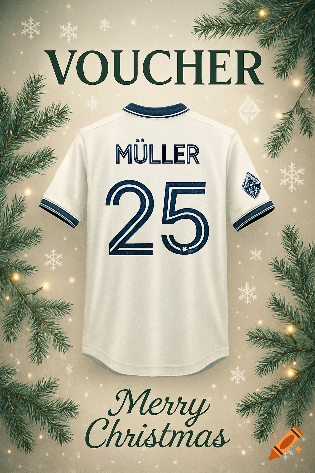 A festive Christmas voucher featuring a white soccer jersey with 'MÜLLER 25' on the back, framed by pine branches and snowflakes.