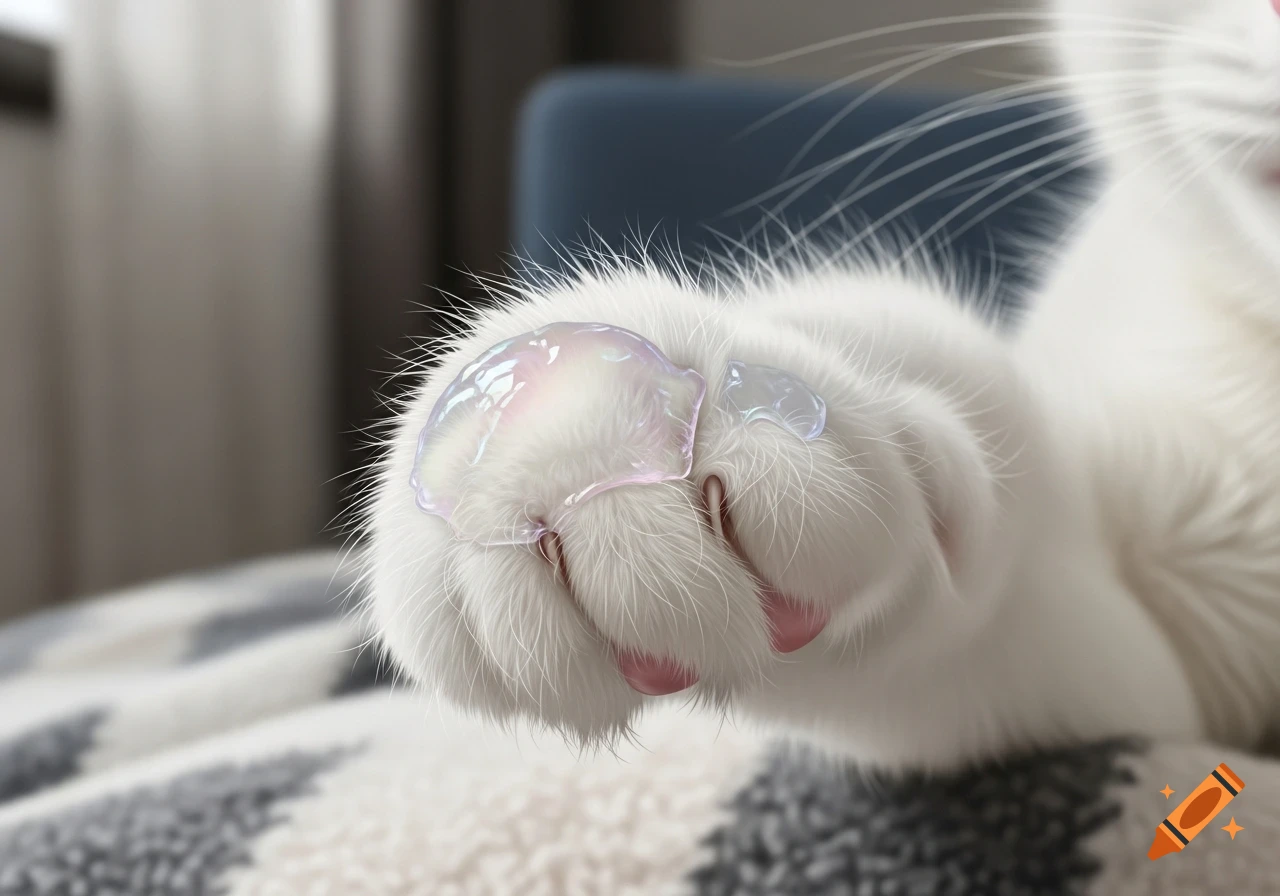 Close-up of a white cat's fluffy paw with iridescent, colorful jelly drops on its fur, against a soft blurred background.