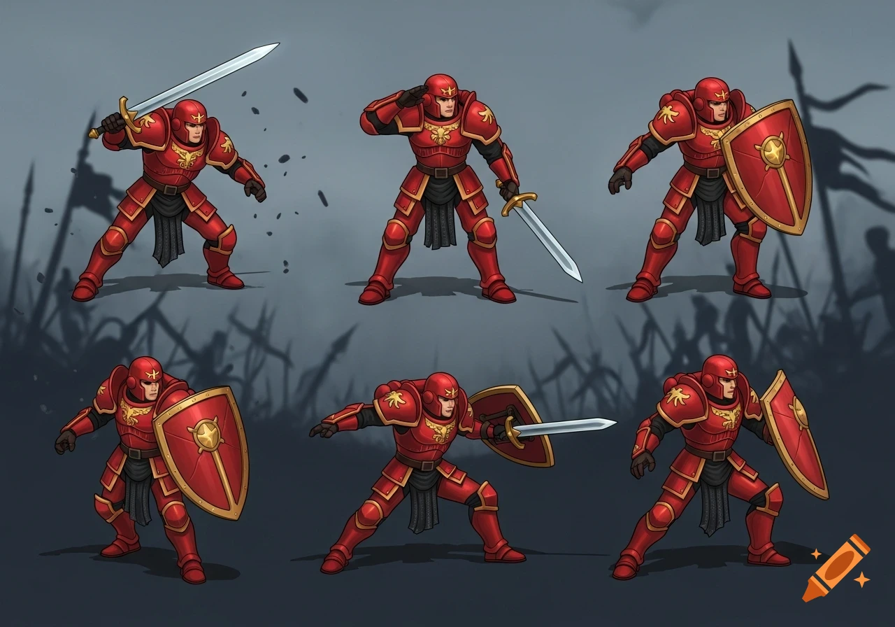A sprite sheet displaying six different poses of a red armored soldier with a gold eagle emblem, holding a sword and shield.
