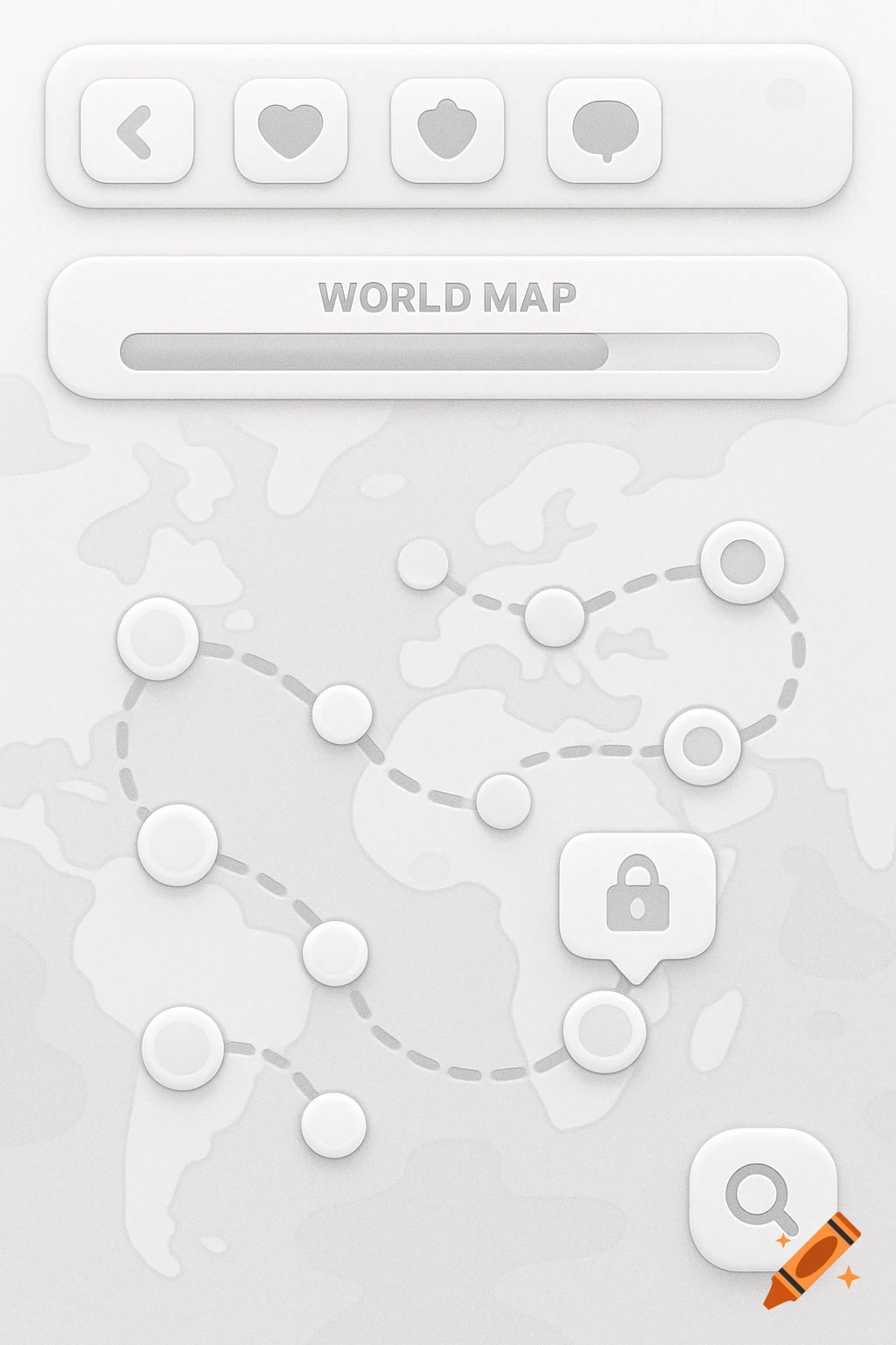 A minimalist white mobile game UI wireframe featuring a world map with a dotted path connecting nodes, a 'WORLD MAP' title, and navigation icons.
