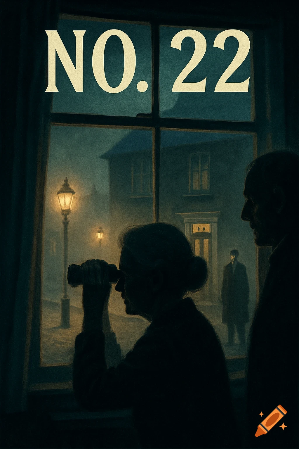 A noir illustration: elderly couple watches a trench-coated man through binoculars from a dark window. "NO. 22" at top.