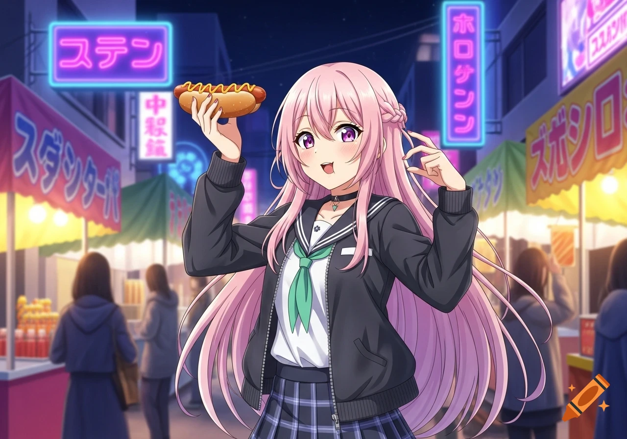 Smiling anime girl with pink hair holding a hotdog in a vibrant street market at night, surrounded by neon signs.