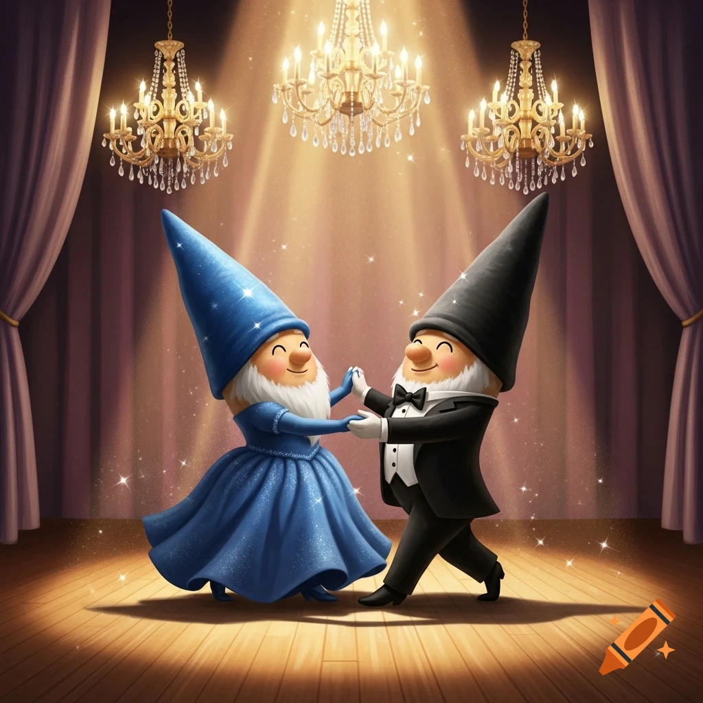 Two smiling gnomes, one in a blue gown and one in a tuxedo, elegantly dance on a wooden stage under sparkling chandeliers.