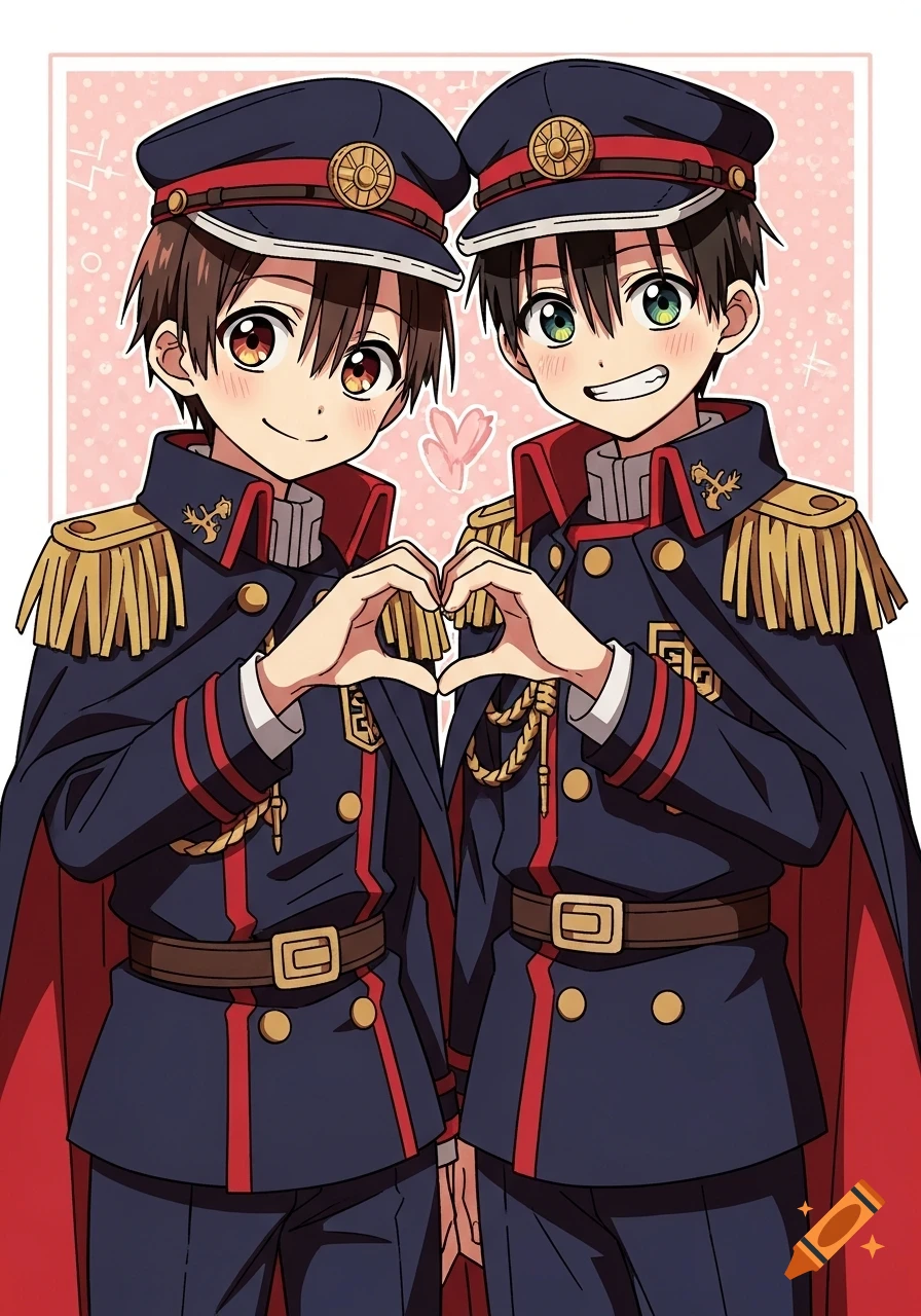 Two anime boys in navy military uniforms with gold trim and red capes make a heart shape with their hands, smiling against a pink polka-dot background.