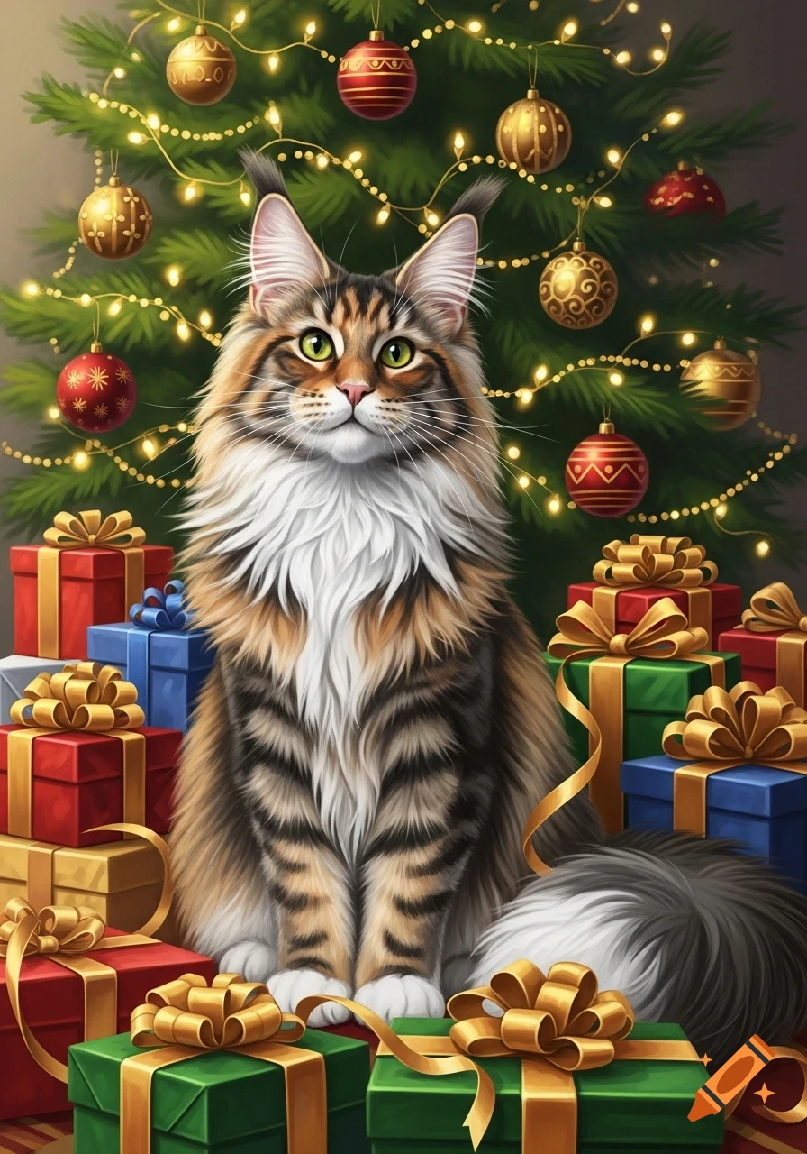 A majestic Maine Coon cat with green eyes sits among colorful wrapped gifts in front of a brightly lit Christmas tree.