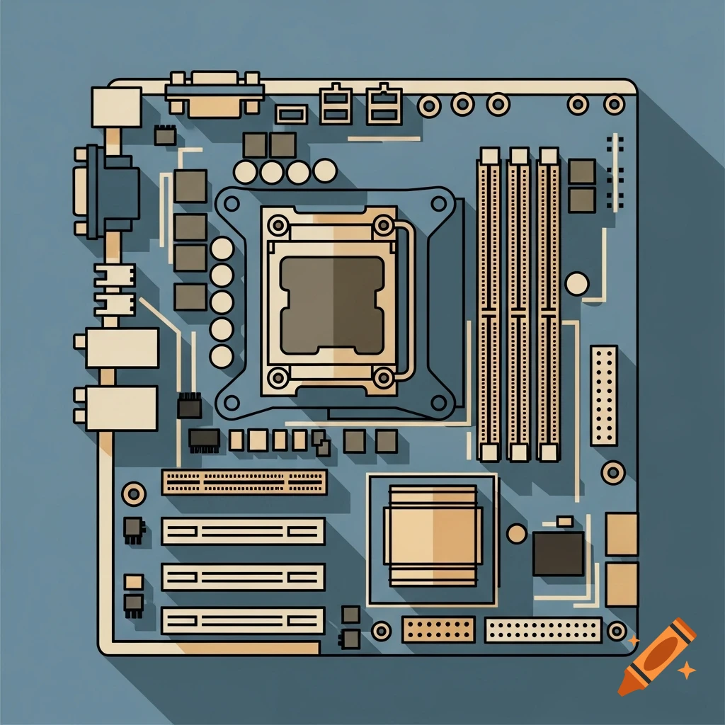 Flat vector illustration of a stylized computer motherboard in muted blue, beige, and brown, top-down view.