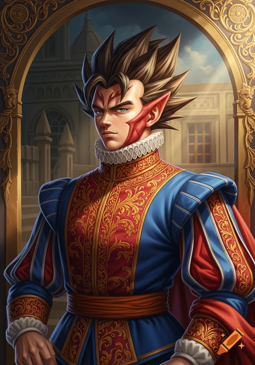 Portrait of a Goku-like character with spiky hair and red facial markings, wearing a blue and red ornate Renaissance costume, framed by a golden archway.