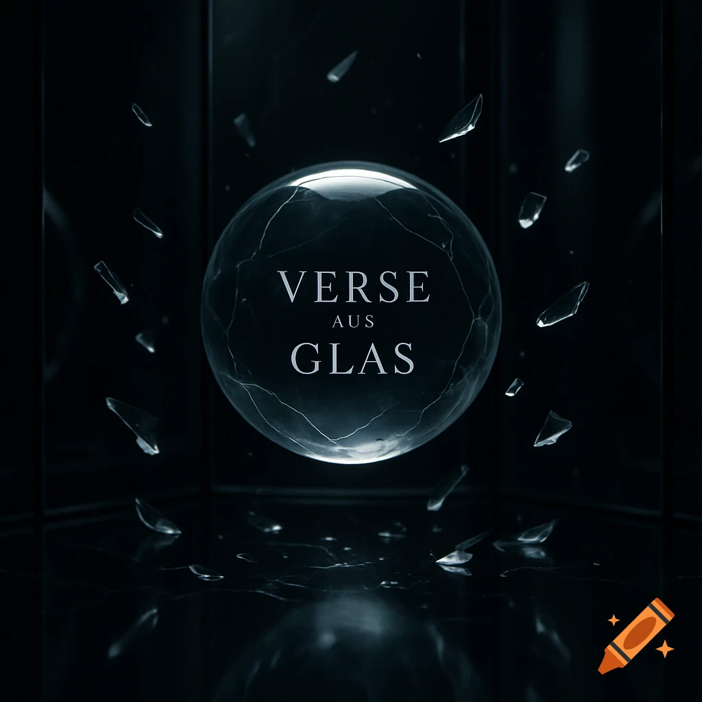 A dark, elegant album cover featuring a cracked glass sphere with the text 'VERSE AUS GLAS', surrounded by floating glass shards and reflections.