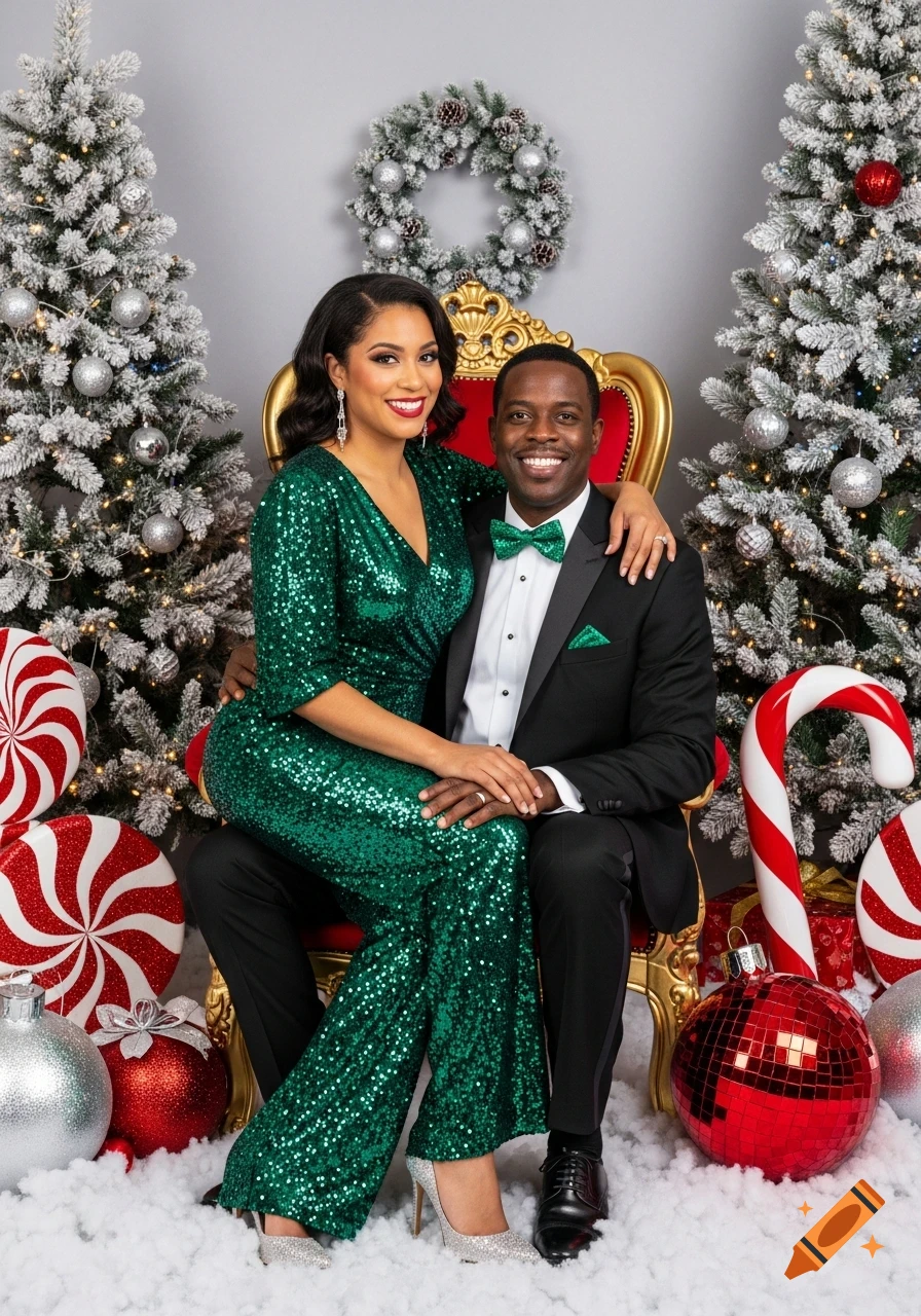 A smiling man and woman in festive attire pose for a Christmas portrait in a snowy studio set with decorated trees and large candy canes.