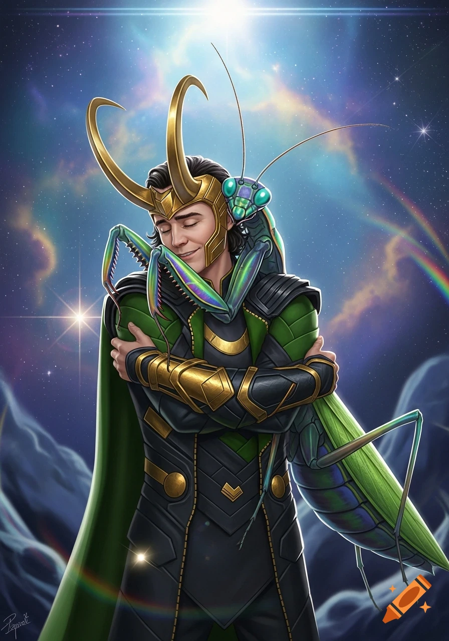 Loki, the Marvel character, with a golden horned helmet, hugs a large iridescent green mantis under a starry sky with a rainbow, digital art.