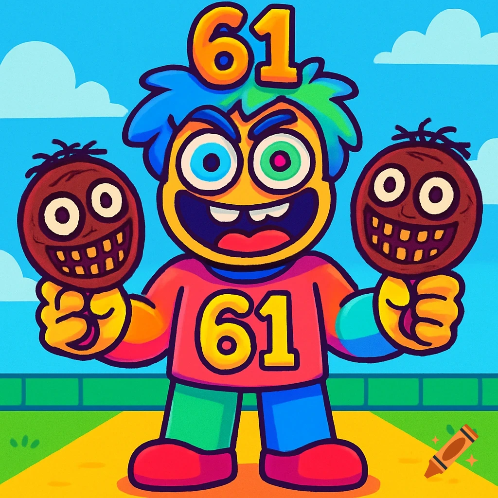 A colorful cartoon character with mismatched eyes holds two smiling brown heads. The number '61' is above its head and on its shirt.