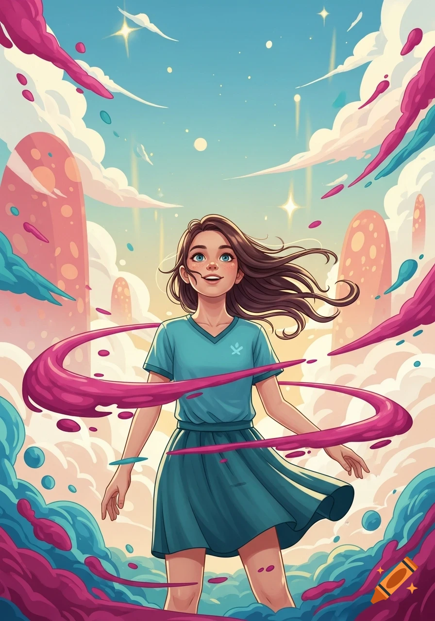 Smiling cartoon girl in a teal dress, with brown hair and blue eyes, surrounded by swirling pink and blue energy, clouds, and fantastical landscape under a bright sky.