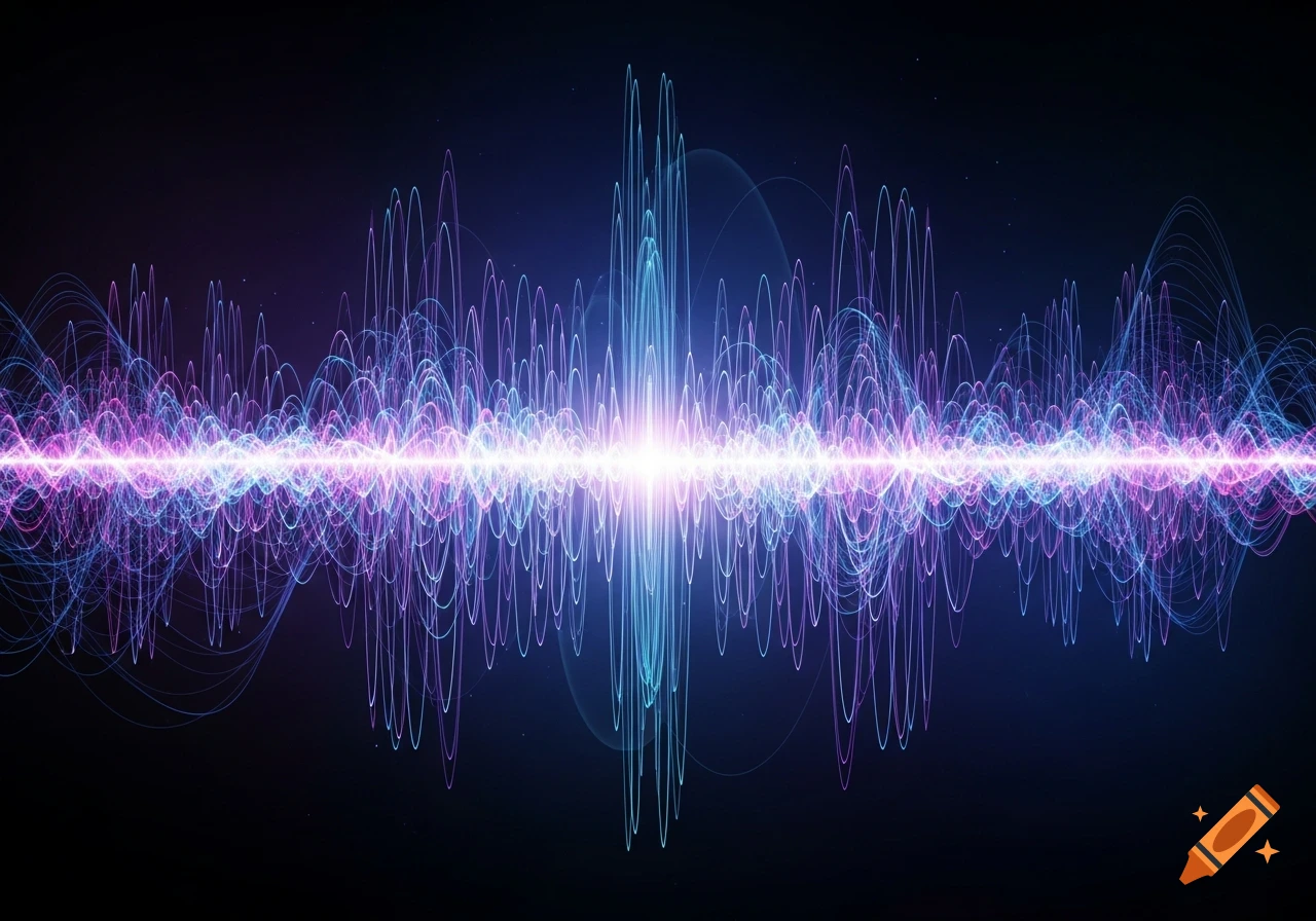 Vibrant abstract soundwave with glowing blue and purple lines on a dark background, emanating a bright central light.