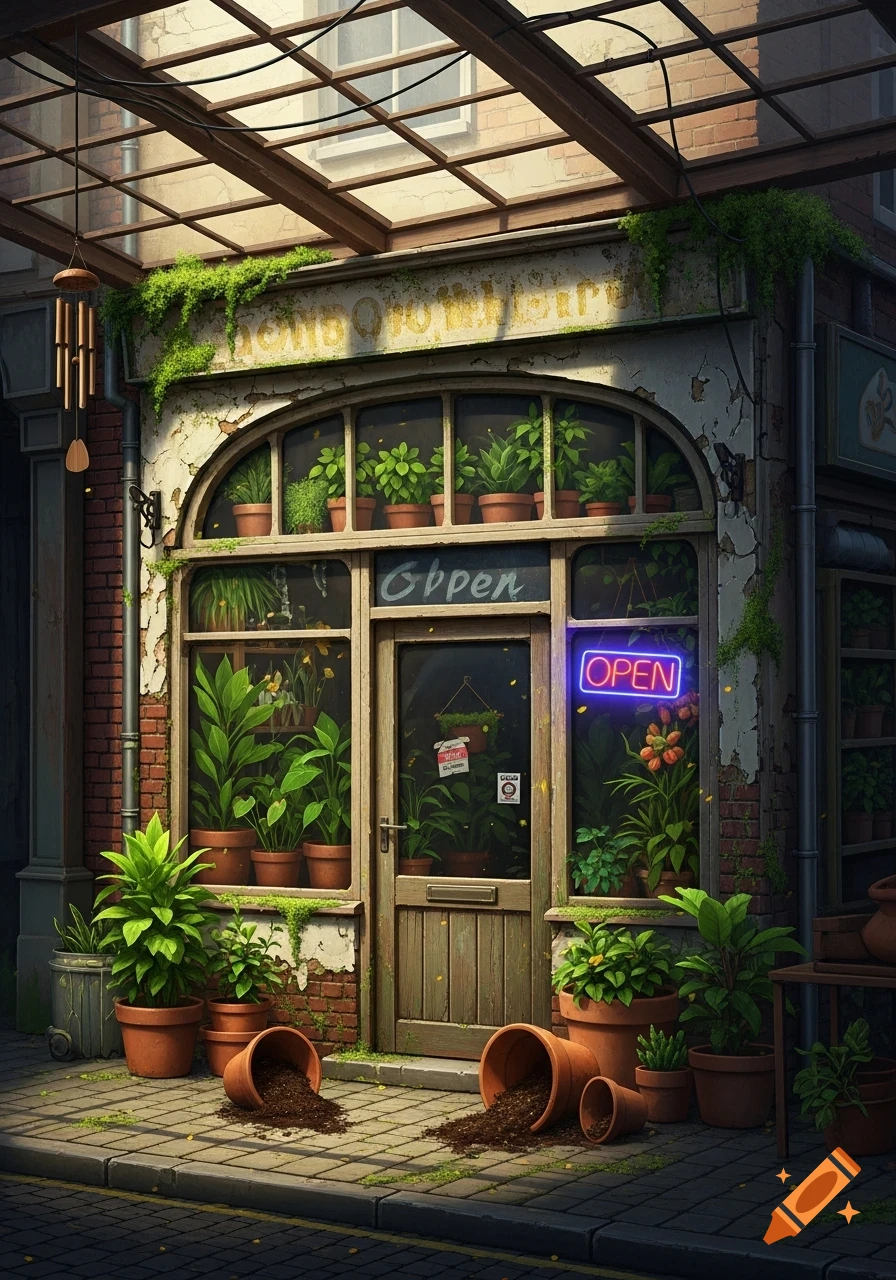Exterior view of a quaint, dilapidated plant shop with lush green plants, two "Open" signs, and overturned terracotta pots on the sidewalk.