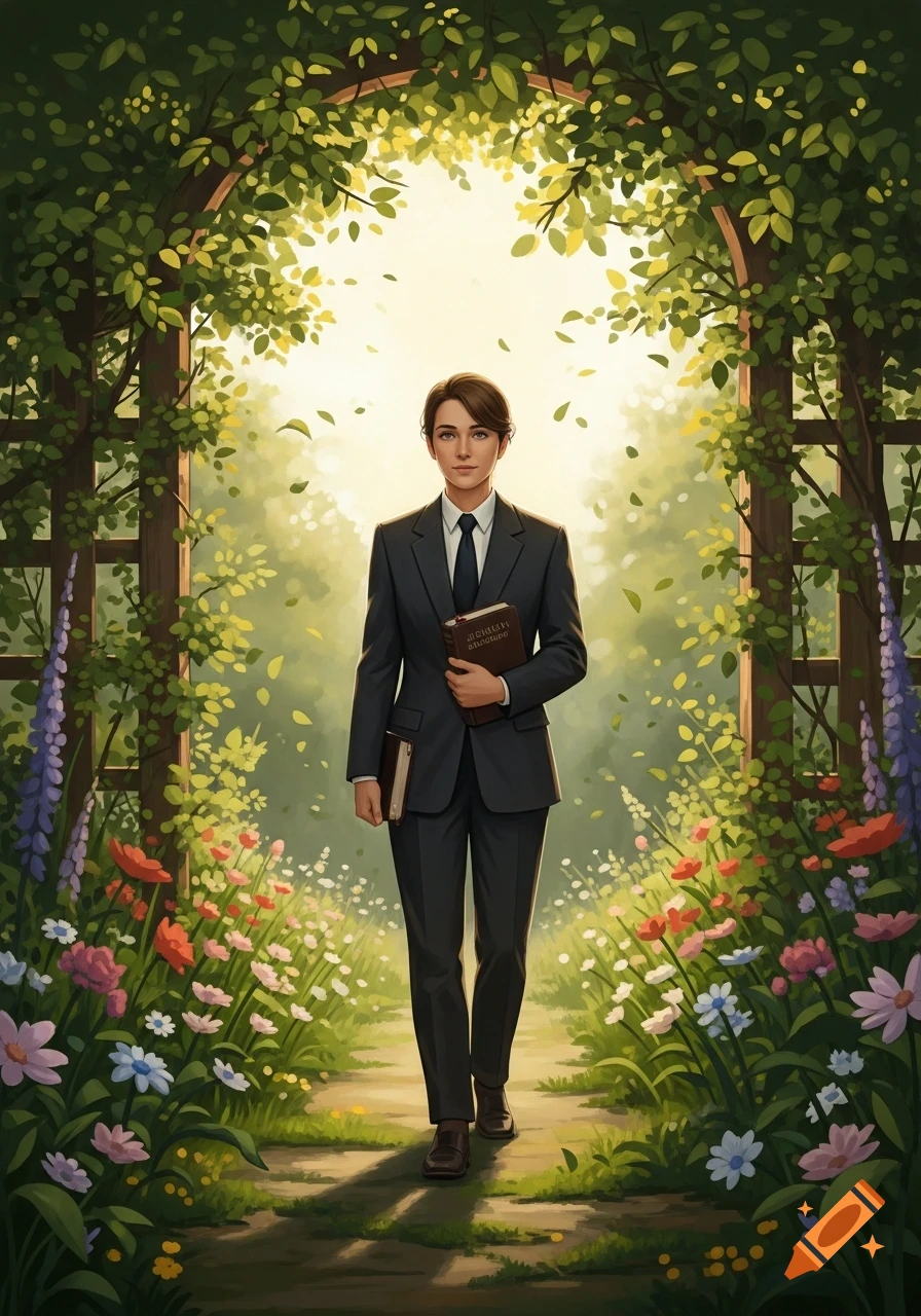 A young person in a dark suit holding books walks through a vibrant, flowery garden archway, digital art.