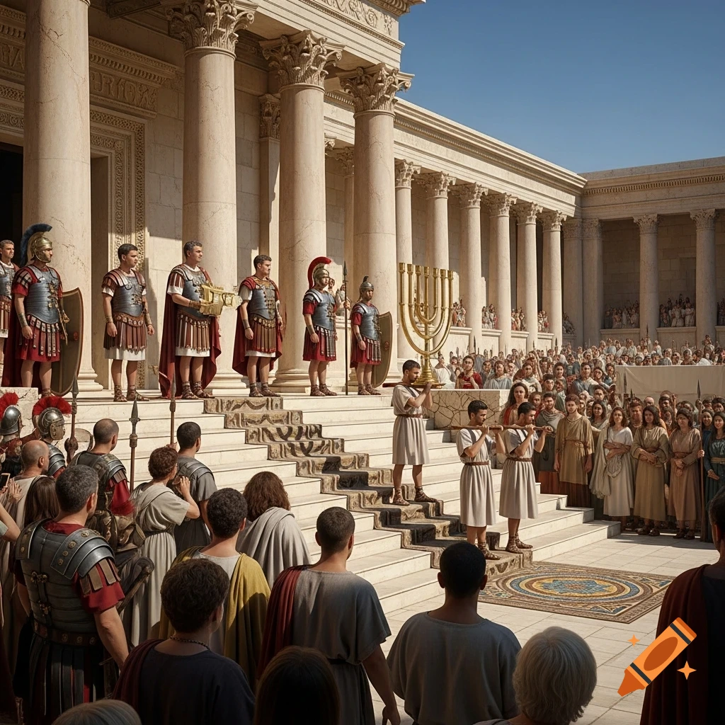 A grand ancient Roman ceremony at a large temple with columns, featuring soldiers and servants carrying a golden candelabrum before a crowd.