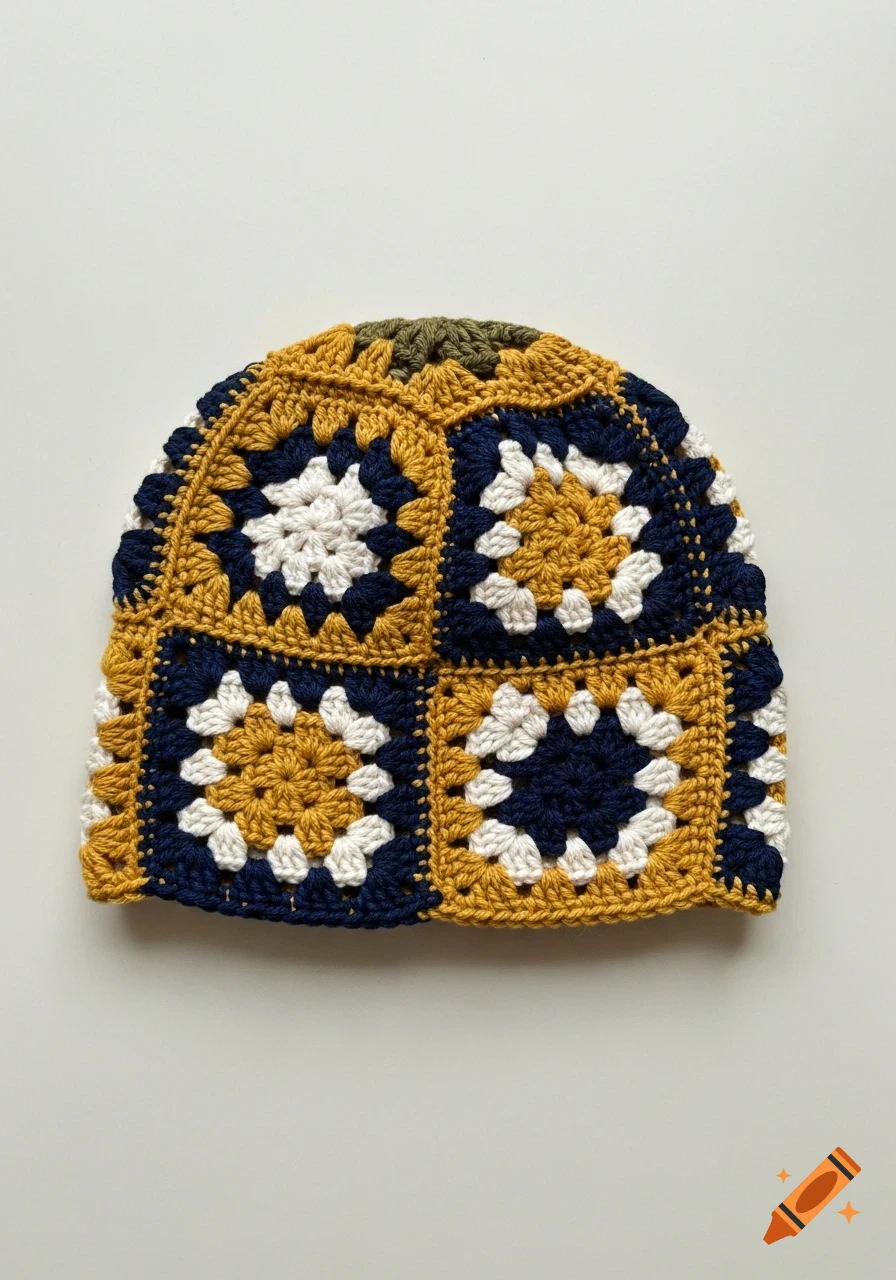 A retro-inspired crochet colorblock hat made with mustard, navy, and cream granny square panels.