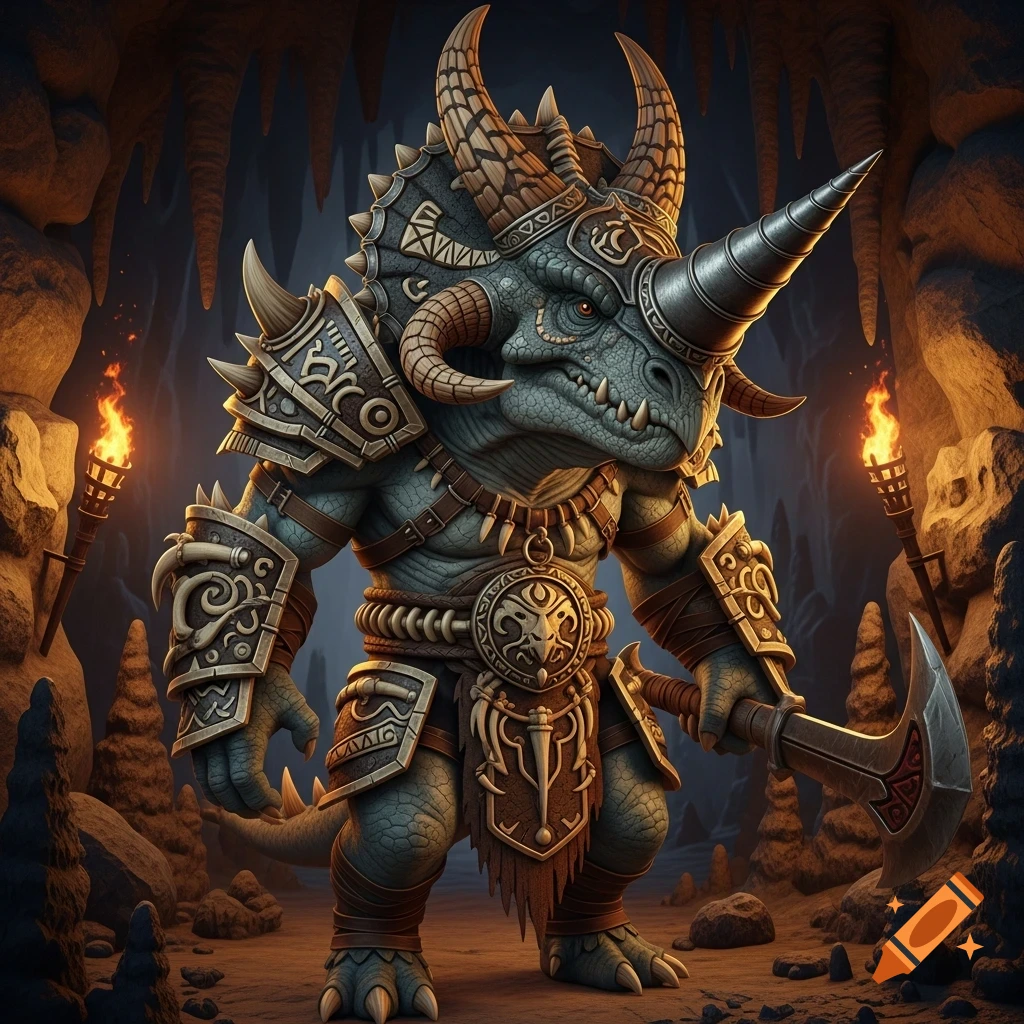 A detailed, armored saurian warrior with a large head drill and an axe stands in a torchlit cave.