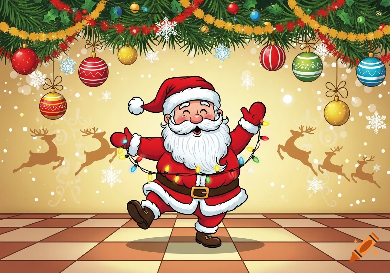 A joyful cartoon Santa Claus dances, wrapped in colorful Christmas lights, against a festive background with garlands, ornaments, snowflakes, and reindeer silhouettes.