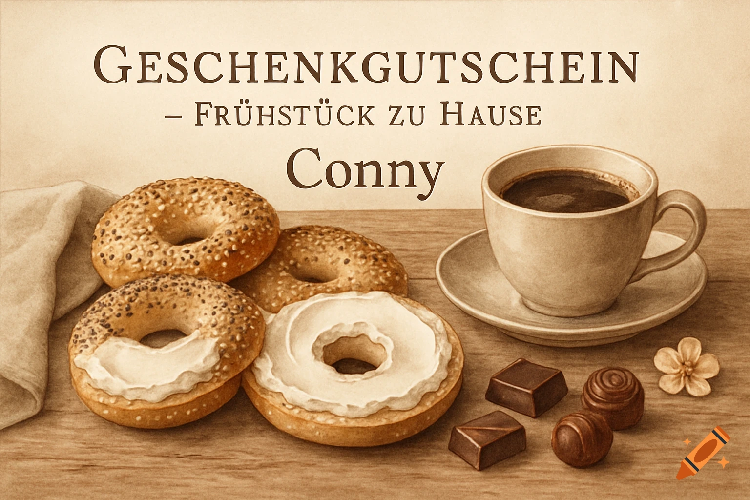 Illustration of a gift certificate for breakfast at home, featuring bagels, coffee, and chocolates on a wooden table.