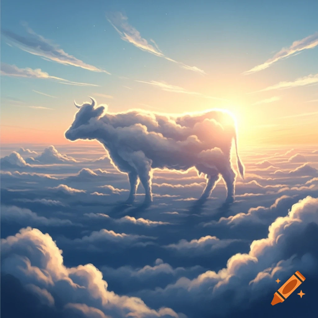 A majestic cow-shaped cloud stands in a vast, blue sky filled with other clouds, bathed in the warm glow of a setting or rising sun.