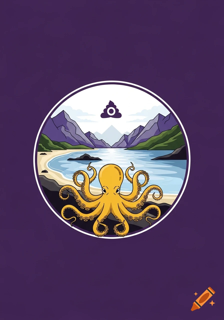 A stylized flag design features a golden octopus on a beach within a circle, flanked by mountains and a fjord under a small poop symbol, all on a deep purple background.