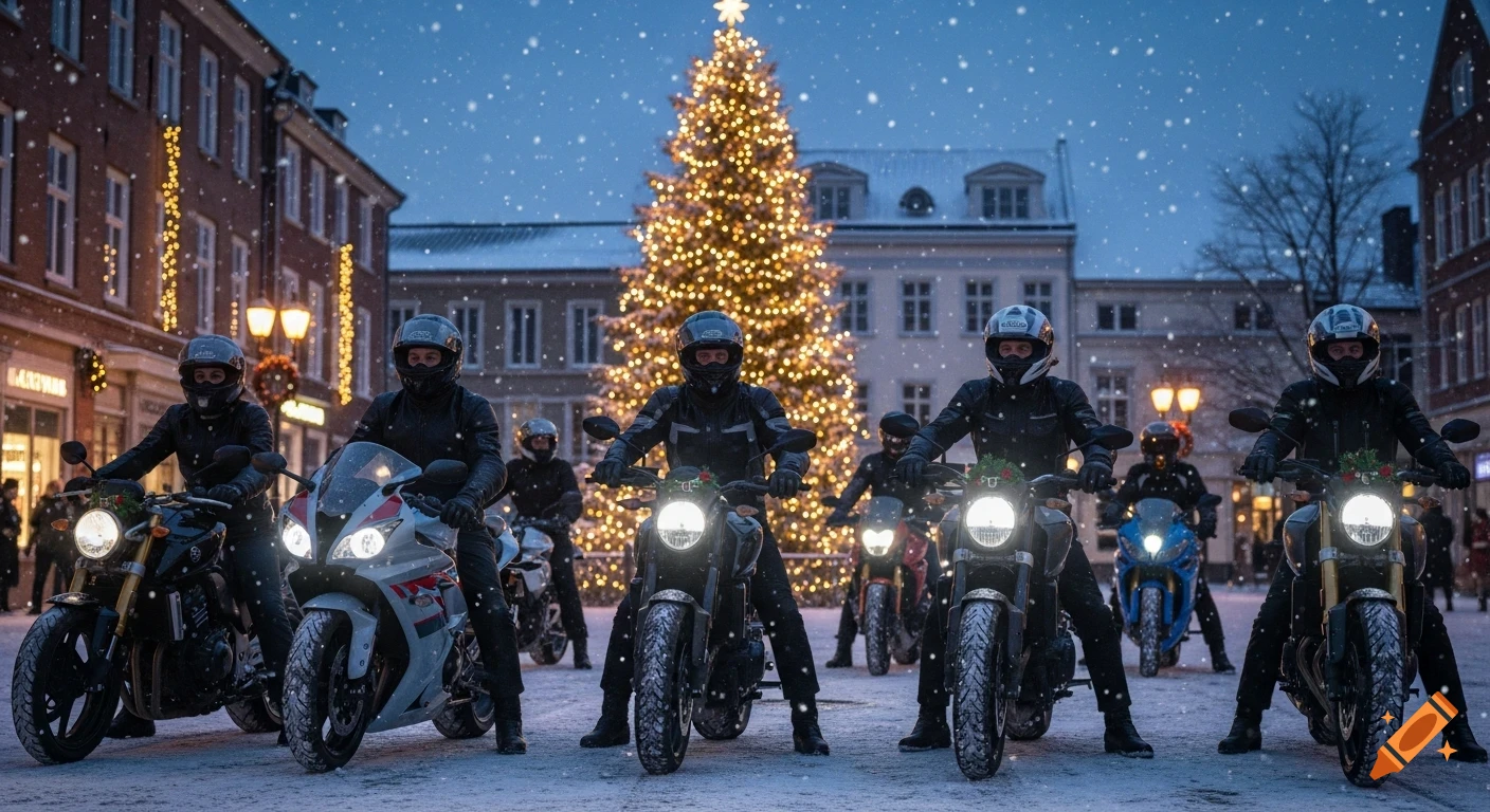 Photorealistic image of motorcyclists on a snowy street in an urban setting with a large, lit Christmas tree.