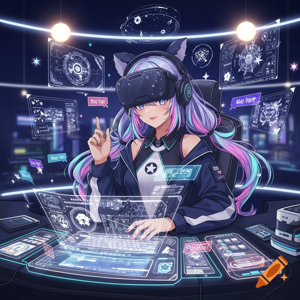 Anime character with colorful hair and cat ears wearing a VR headset, interacting with holographic screens in a futuristic room.