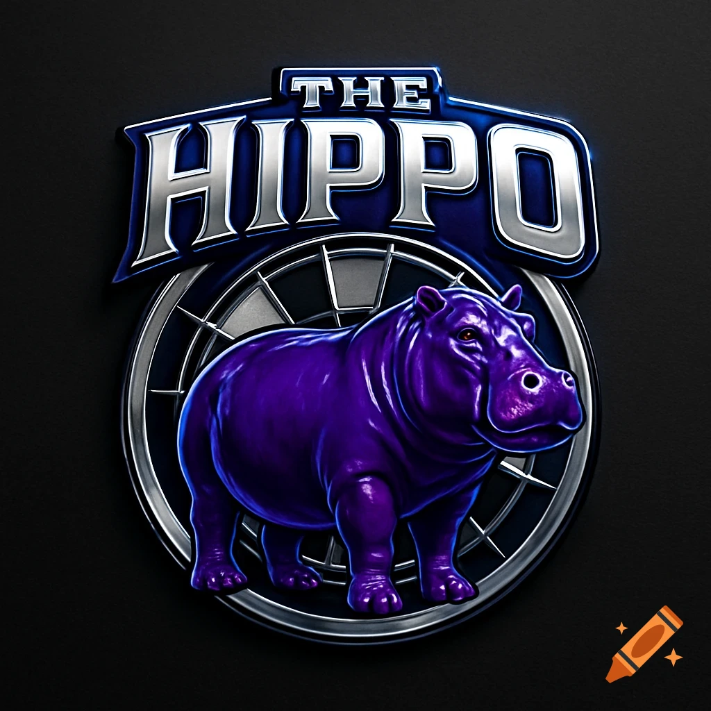 A metallic logo featuring the text 'THE HIPPO' above a vibrant purple hippo in front of a silver dartboard pattern, on a dark background.
