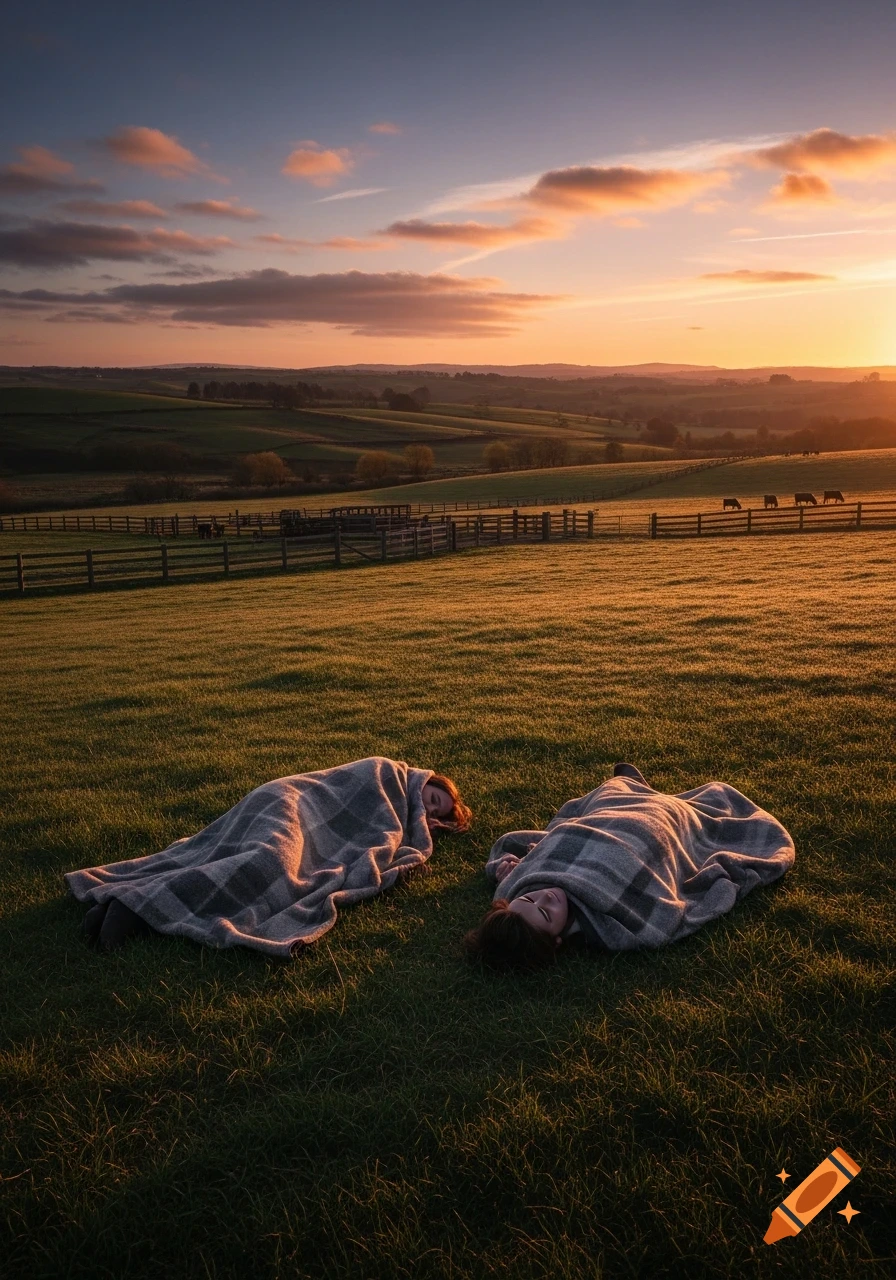 Two people covered in plaid blankets lie on a grassy field bathed in the golden light of a sunset over rolling rural hills. Photorealistic.