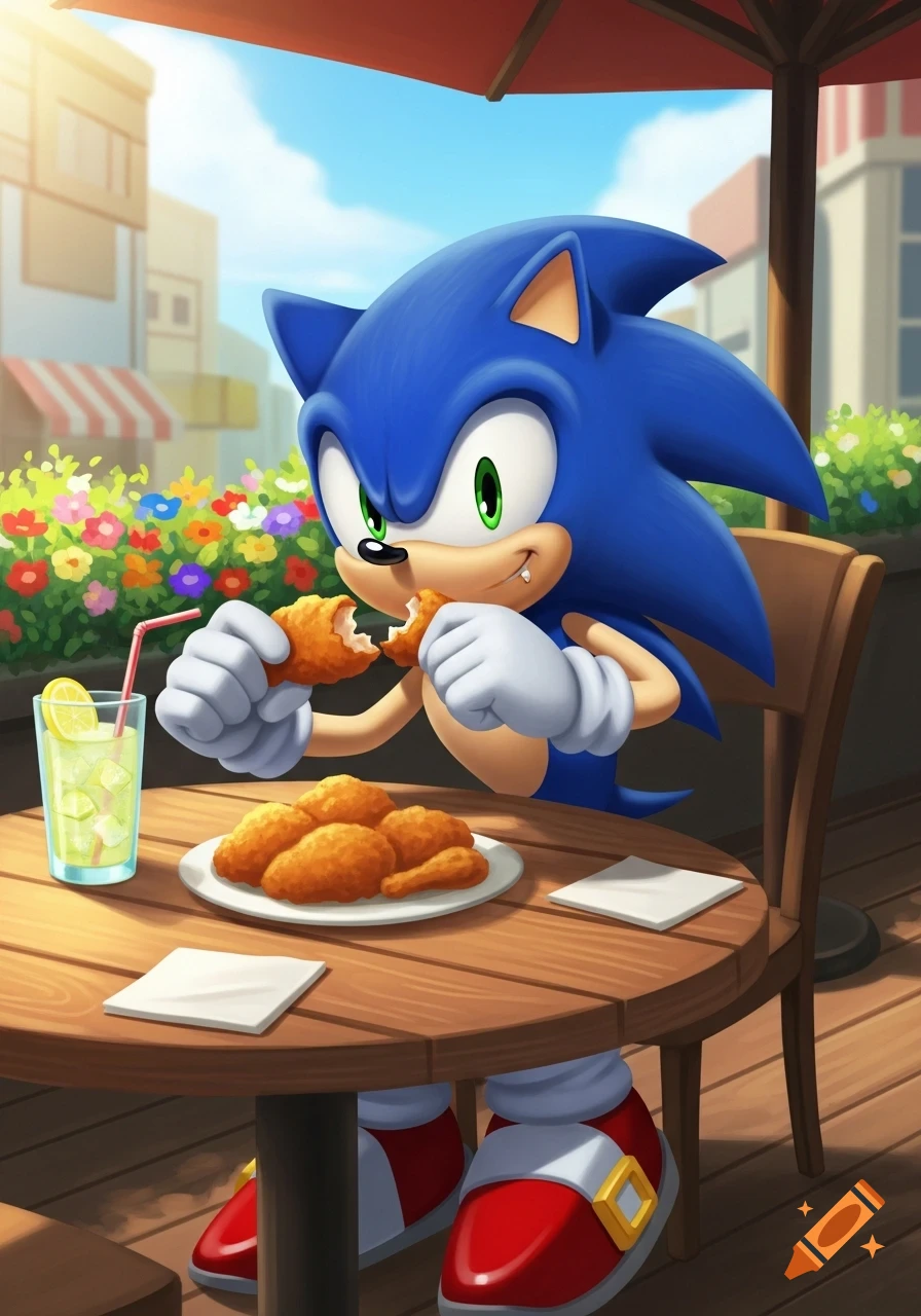 Sonic the Hedgehog enjoys fried chicken and lemonade at a sunny outdoor cafe in a vibrant cartoon style.