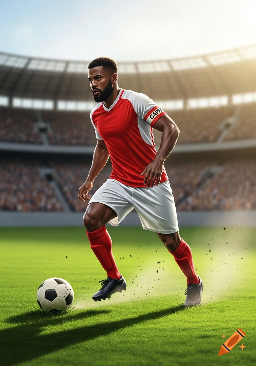 A male soccer player in a red and white uniform with a captain's armband dribbles a ball on a green field in a sunlit stadium.