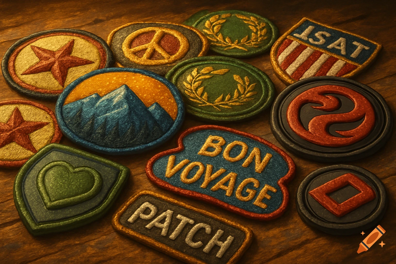 Overhead view of colorful custom patches on wood, including designs like a star, mountains, peace sign, heart, laurel wreaths, and text patches 'BON VOYAGE', 'ISAT', and 'PATCH'.