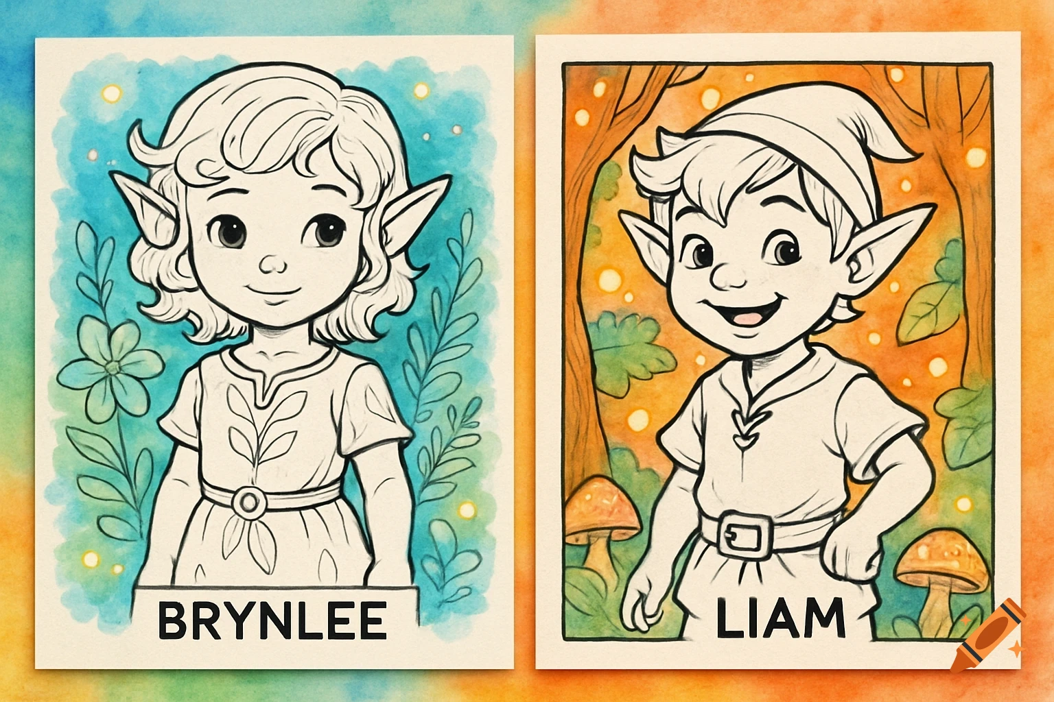 Two cartoon elf coloring pages, one with Brynlee and one with Liam, on watercolor backgrounds.